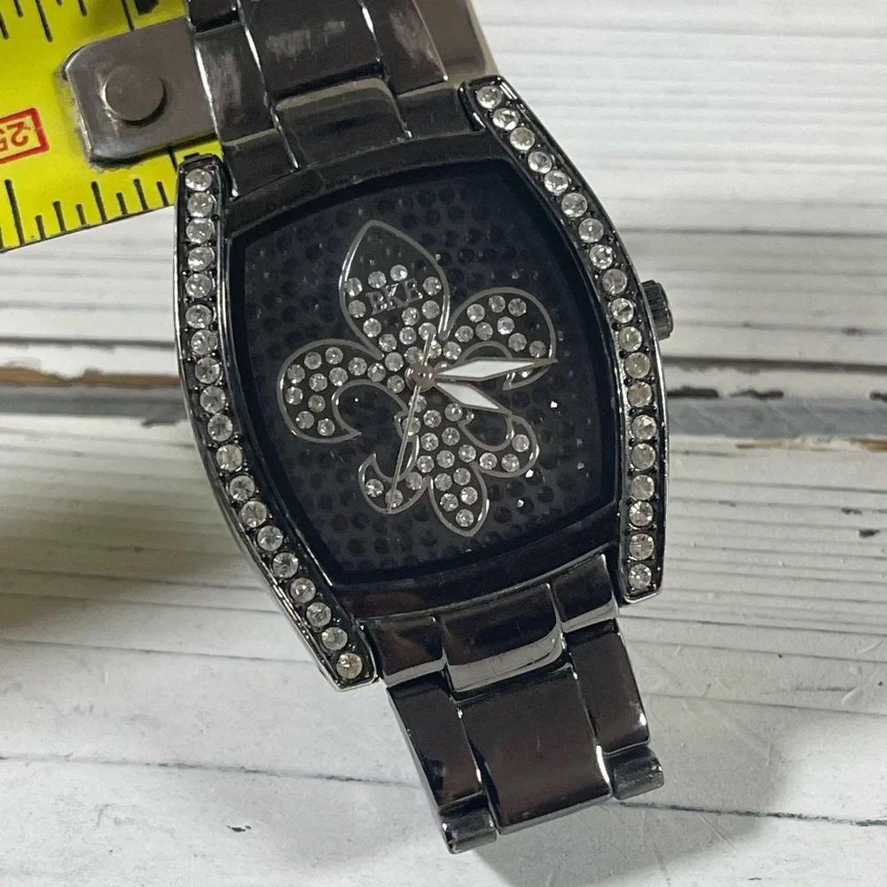 *NEW BATTERY* BKE watch fleur-de-lis Lily Saints Rhinestone Gunmetal Black Steel